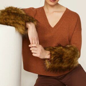 $575 NAADAM Cashmere Faux Fur Sweater burnt Autumn orange S